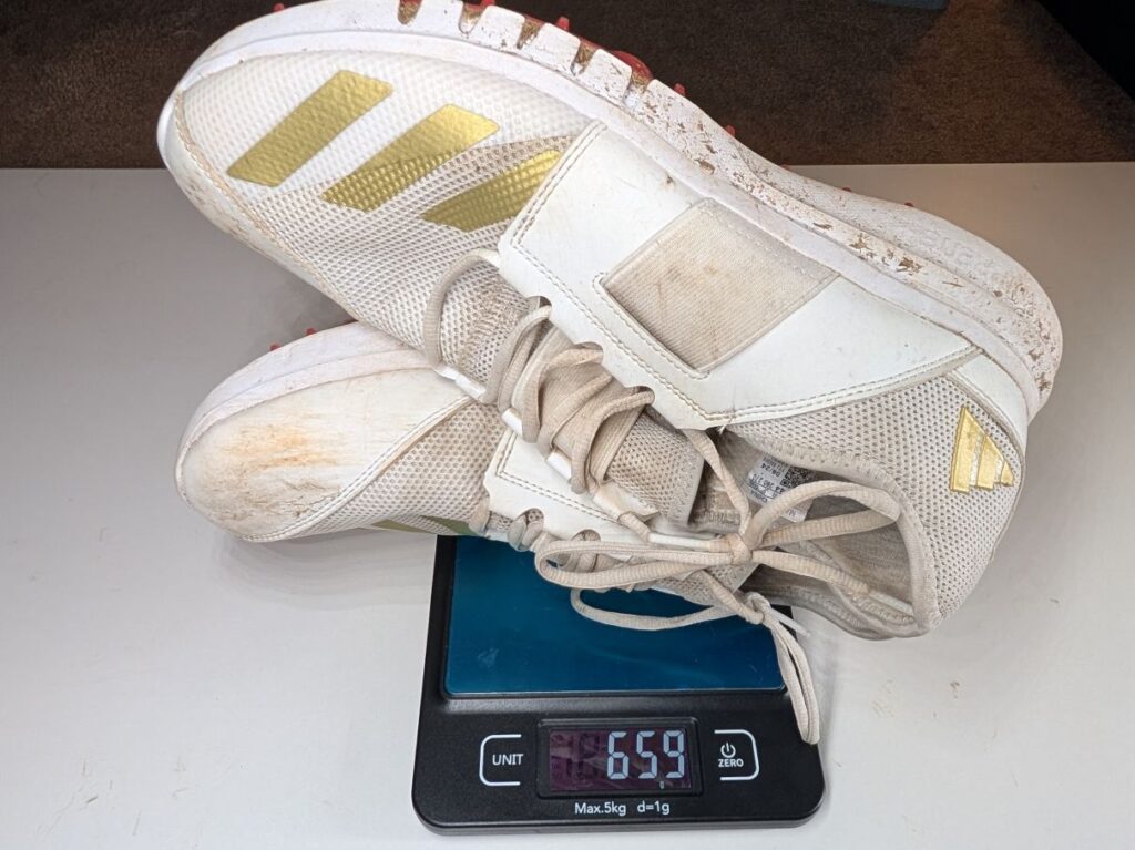 Adidas Howzat Spikes 2025 weighing 659 grams on scale