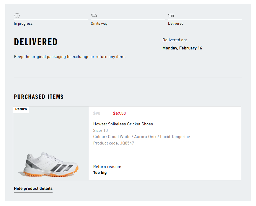 Screenshot of order for Adidas Howzat Spikeless Cricket Shoes
