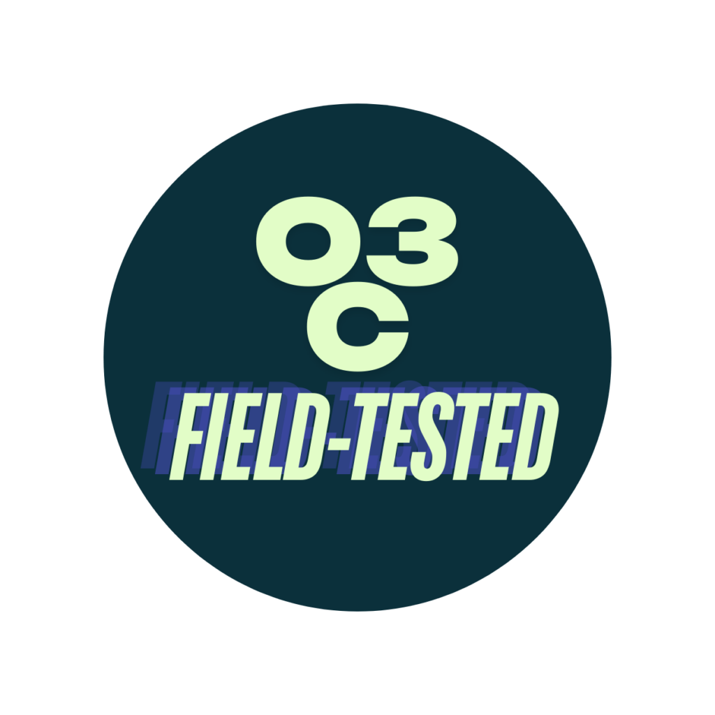 O3C Field-Tested logo. Tells that this product is tested in playing conditions by the health product reviewers Our Three Cetns.
