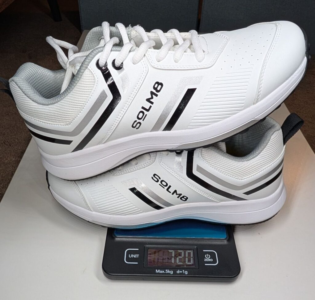 SOLM8 S1 Rubber Spikes Cricket Shoes on scale