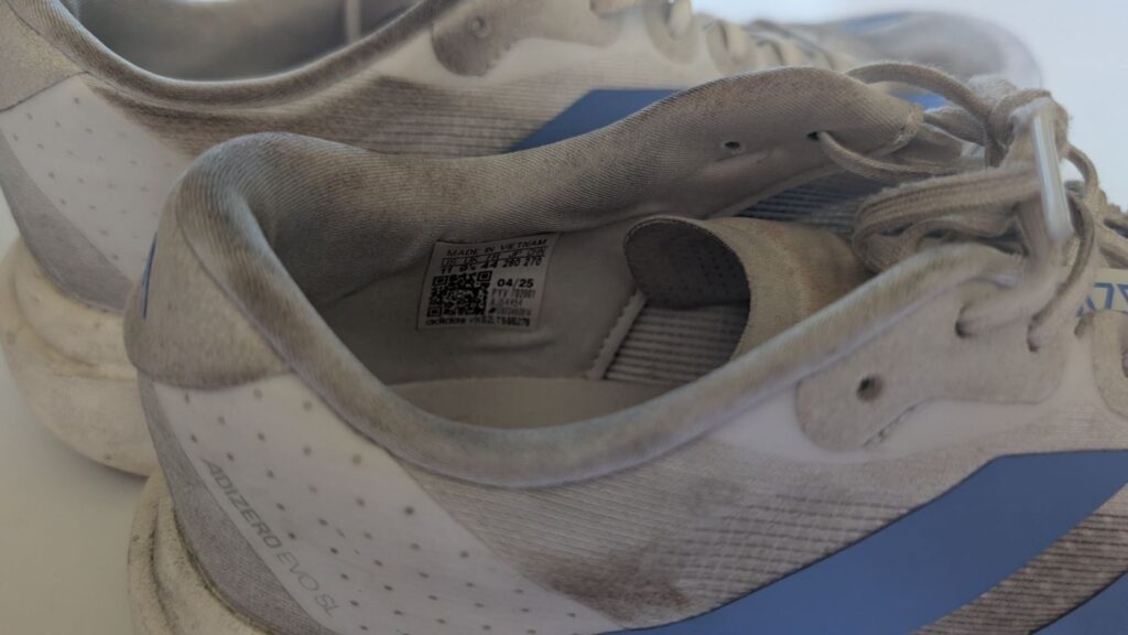 Close up of the Adidas Adizero EVO SL flimsy shoe tongue