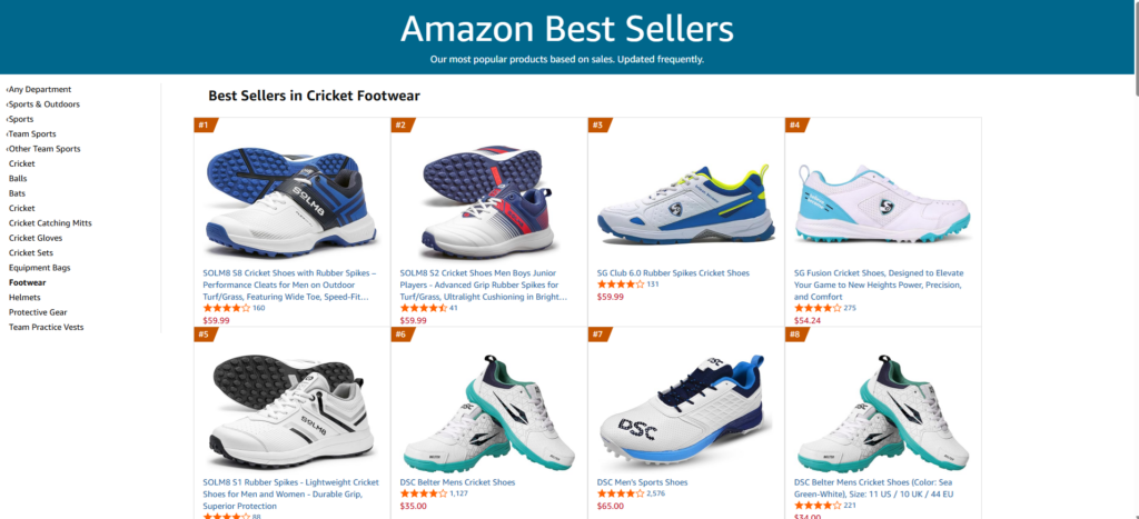 Amazon cricket footwear bestsellers