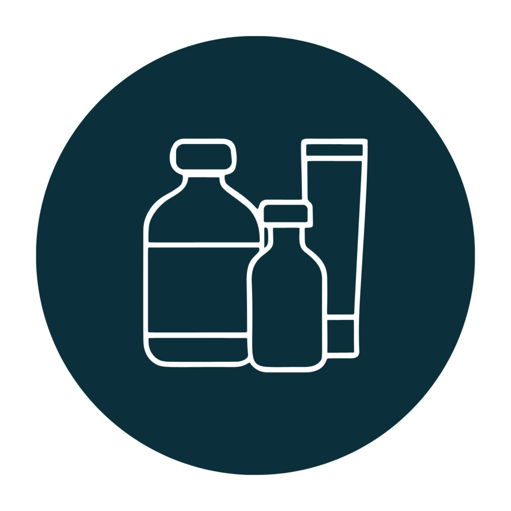 Wellness and medicine and toiletries bottles icon in blue circle