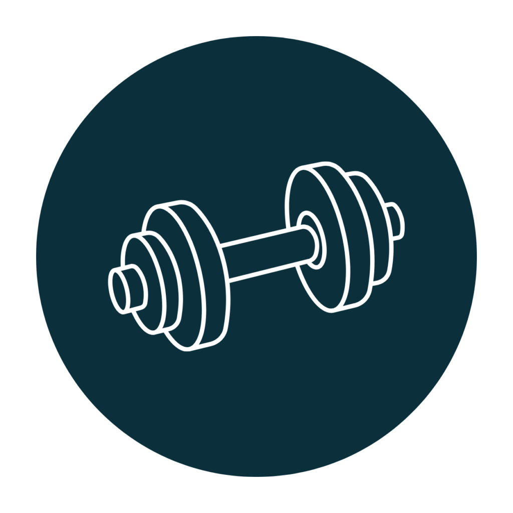 Dumbbell weights icon in blue circle for fitness product reviews