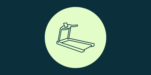 treadmill icon in a green circle against a blue background for fitness equipment reviews