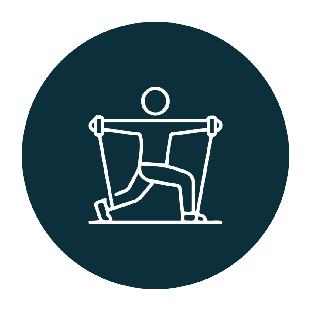 Blue circle with person using resistance bands icon for home gym product reviews