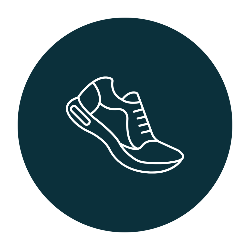 Blue circle with running shoe reviews