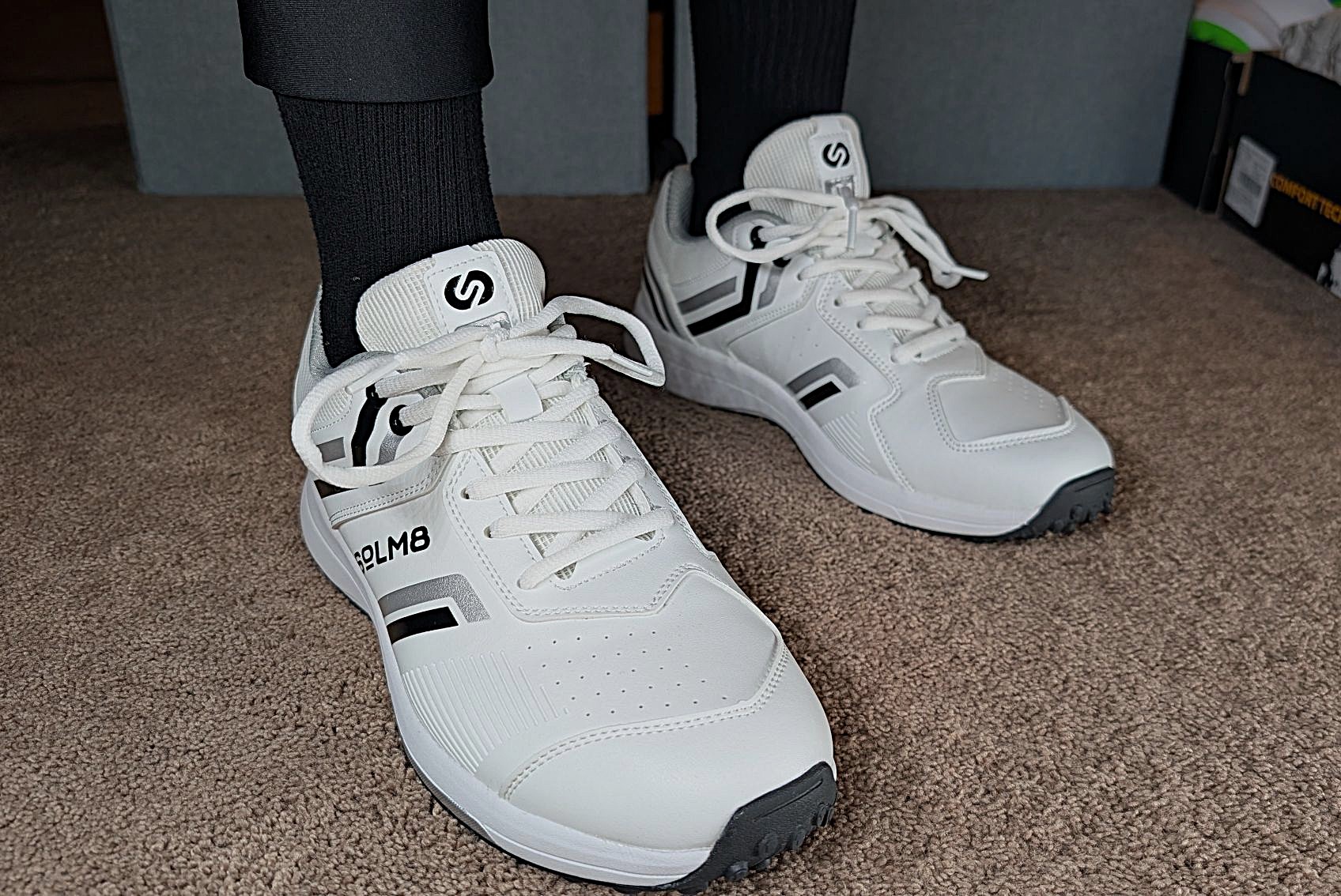 SOLM8 S1 Rubber Spikes Cricket Shoes Review black and silver on feet