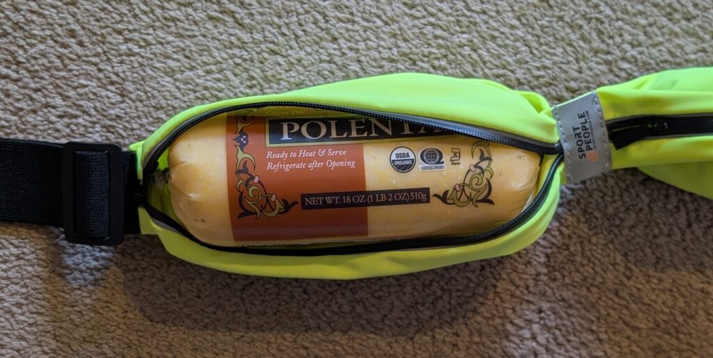 Polenta bar inside Sport2People running belt phone pocket to show storage size