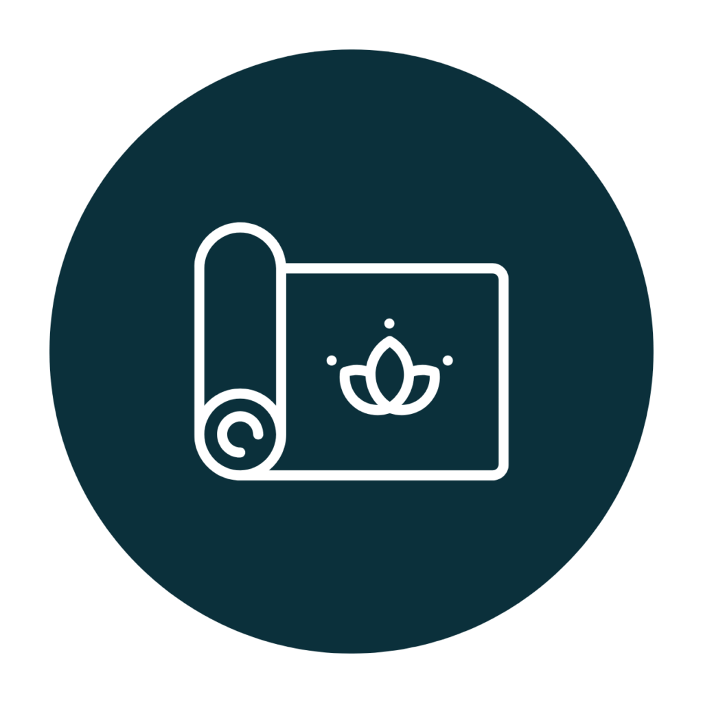 Yoga mat icon in blue circle fitness product review icon