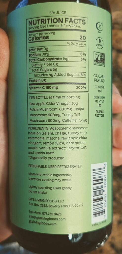GTs ALIVE Mindful Matcha Cream Soda Ingredients list on back of green bottle
