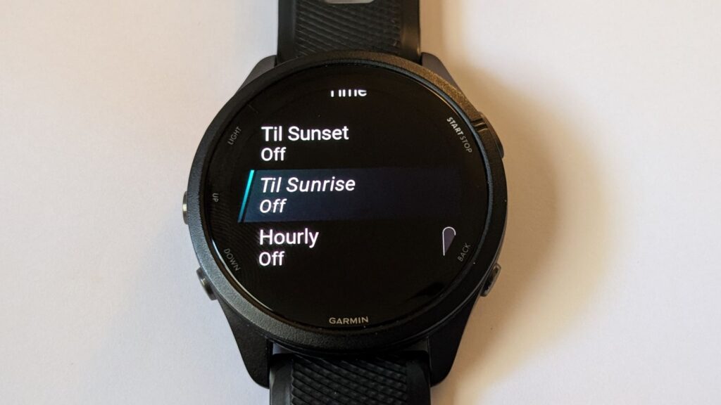 Garmin Forerunner 265 running watch sunrise/sunset alerts settings