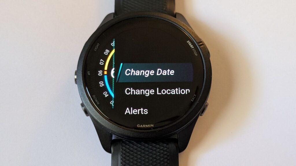 Garmin Forerunner 265 running watch sunrise/sunset settings