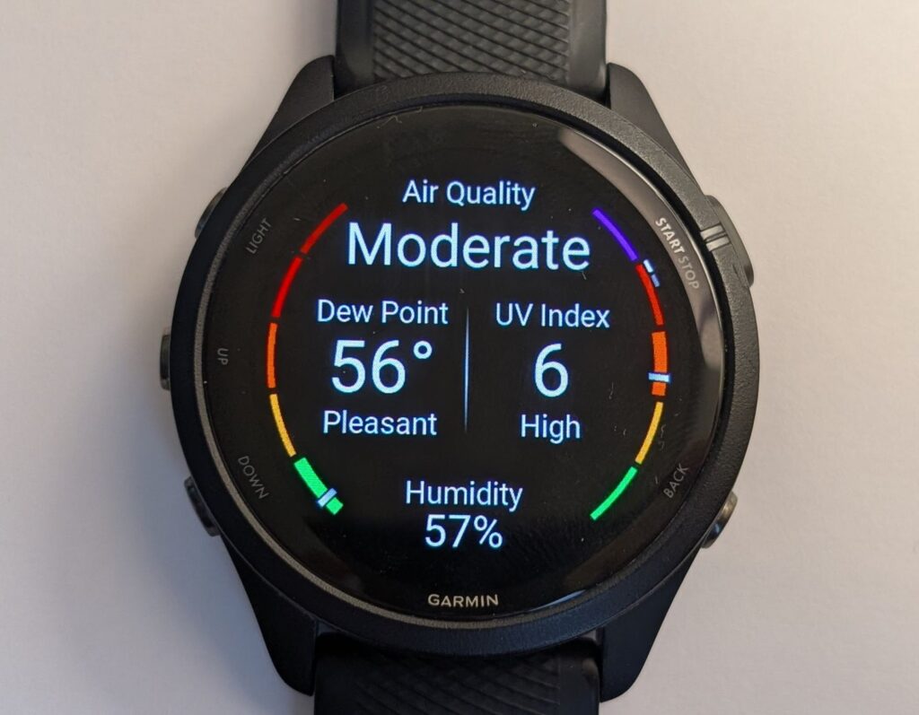 Garmin Forerunner 265 Air Quality screen on watch face