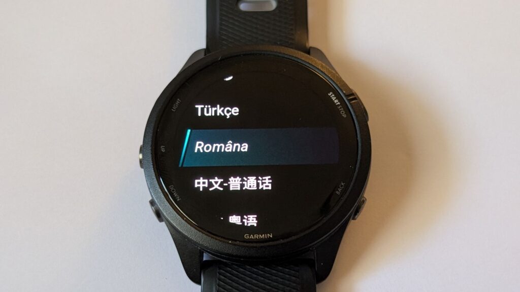 Forerunner 265 running watch audio prompts language settings