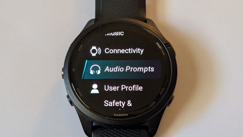 Audio prompts settings screen on watch screen