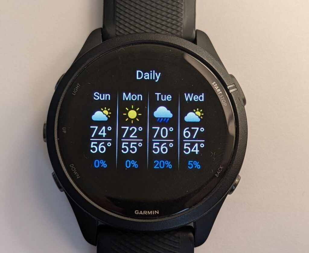 Garmin Forerunner 265 running watch daily forecast feature