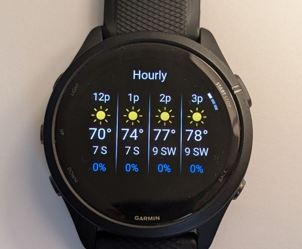 Garmin Forerunner 265 running watch hourly forecast feature