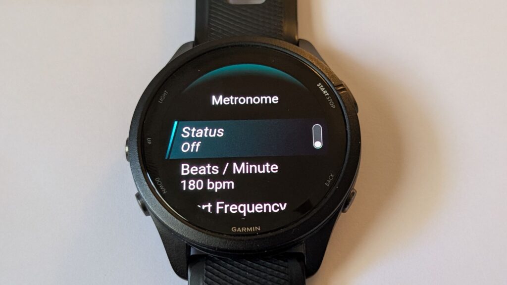 Garmin Forerunner 265 running watch metronome settings