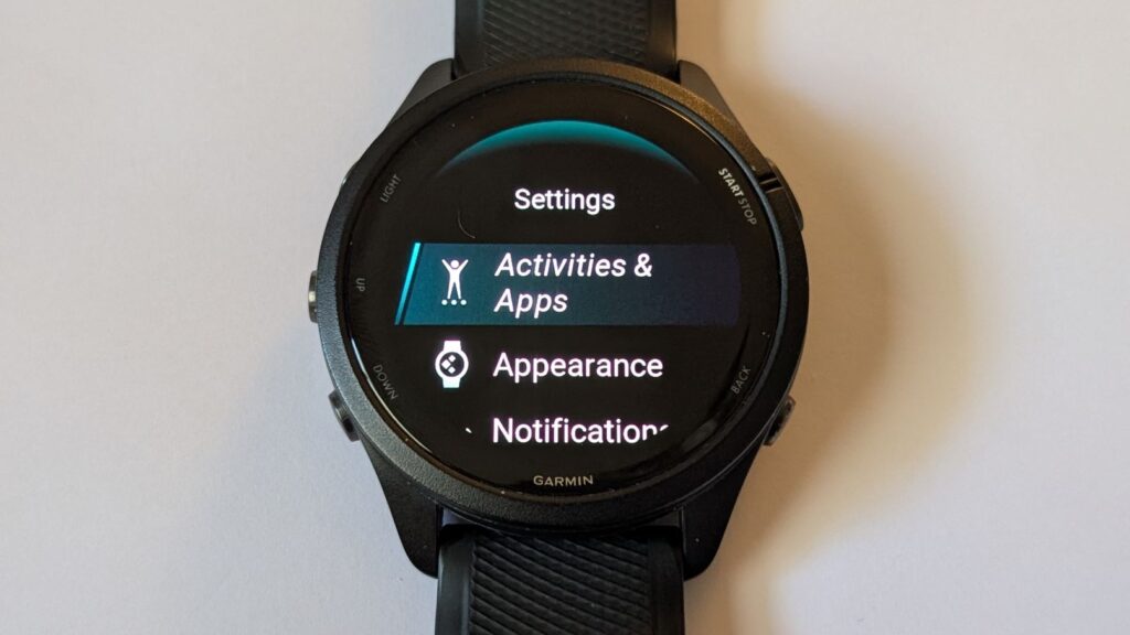 Activities and Apps settings screen on watch