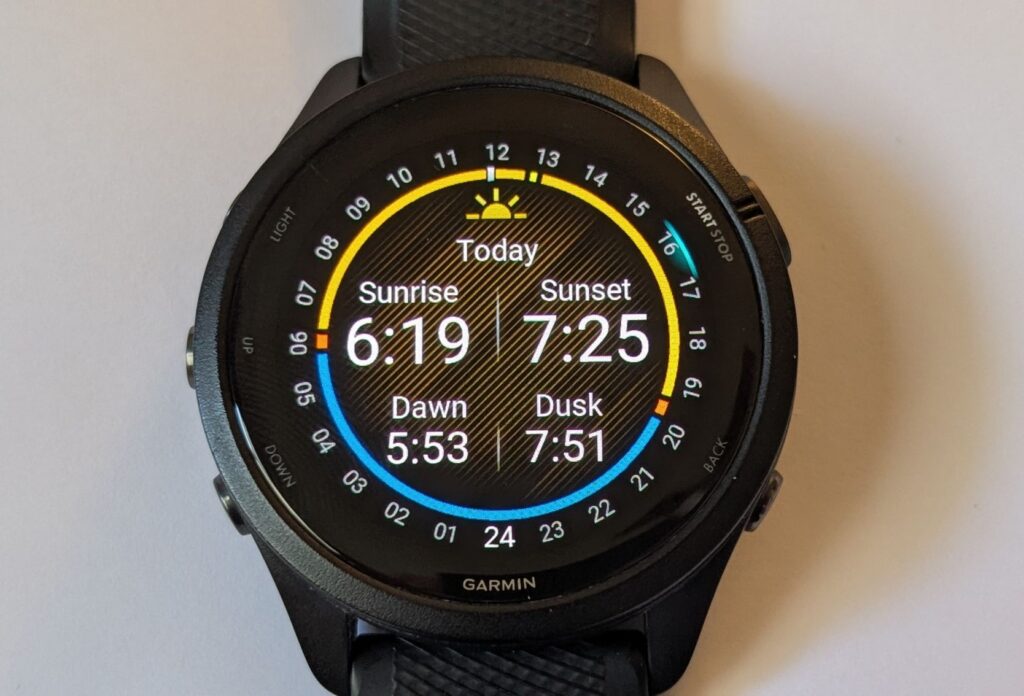 Garmin Forerunner 265 running watch sunrise/sunset feature