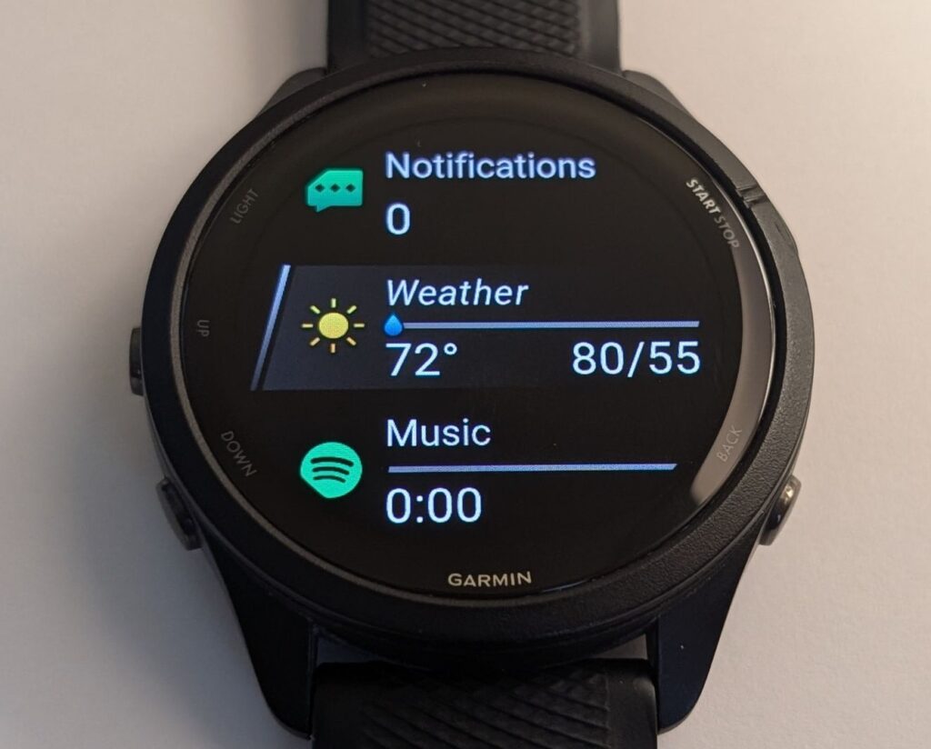 Garmin Forerunner 265 running watch Weather glance