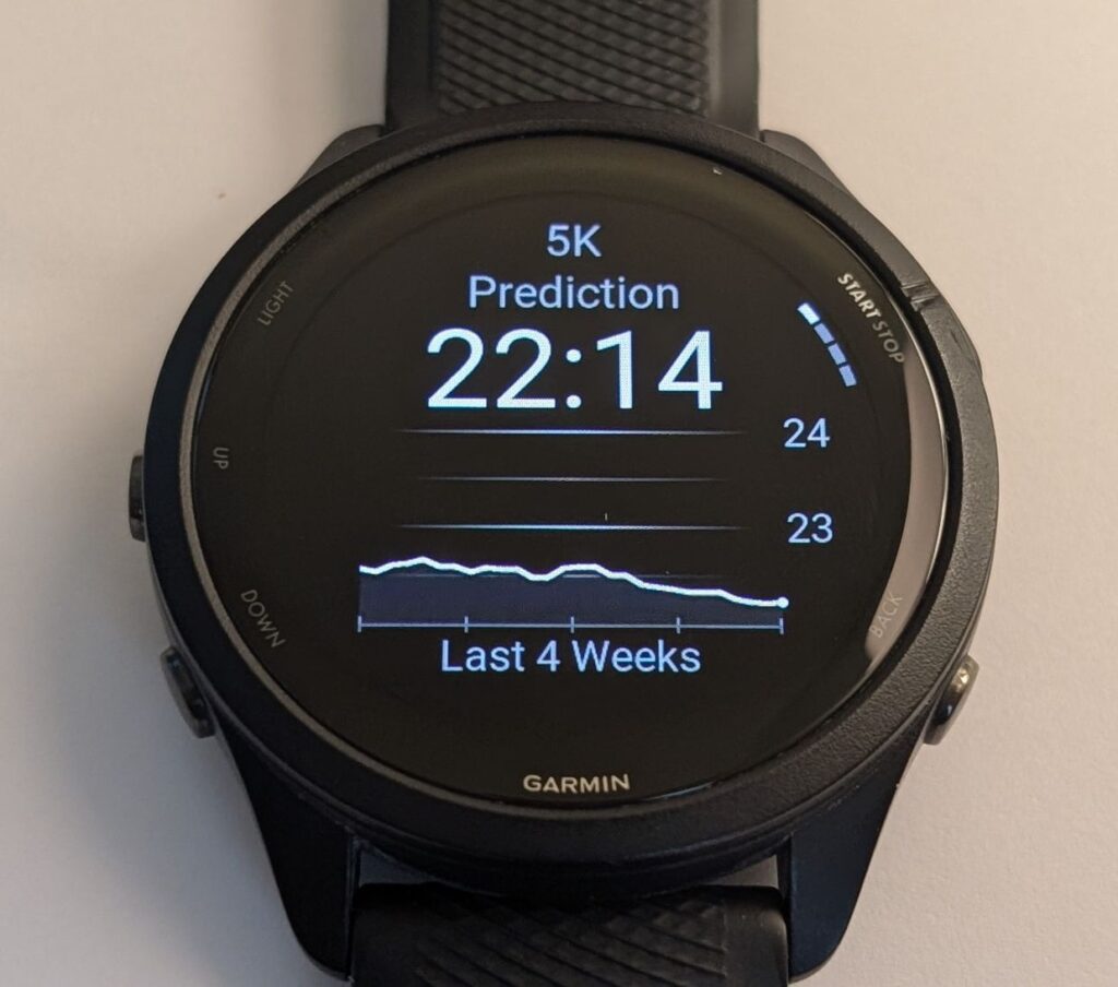 Garmin Forerunner 265 running watch 5K Prediction screen