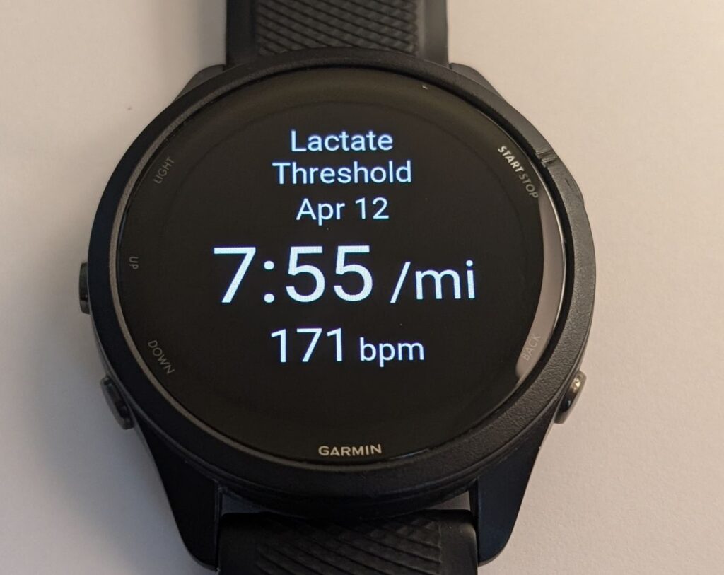 Lactate Threshold 7:55/mi on watch screen