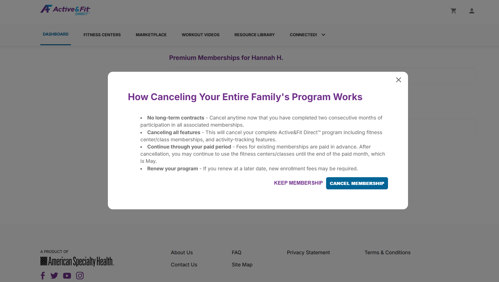 Screenshot of Active and Fit Direct cancellation rules