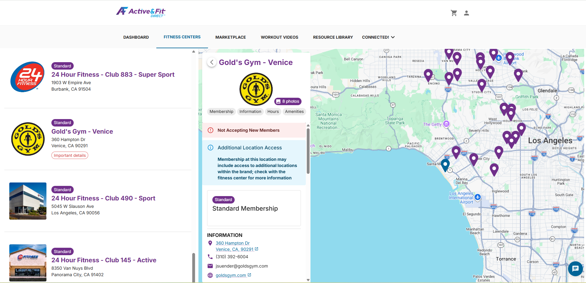 Screenshot of Active and Fit Direct Gold's Gym in Venice showing Not Accepting New Members