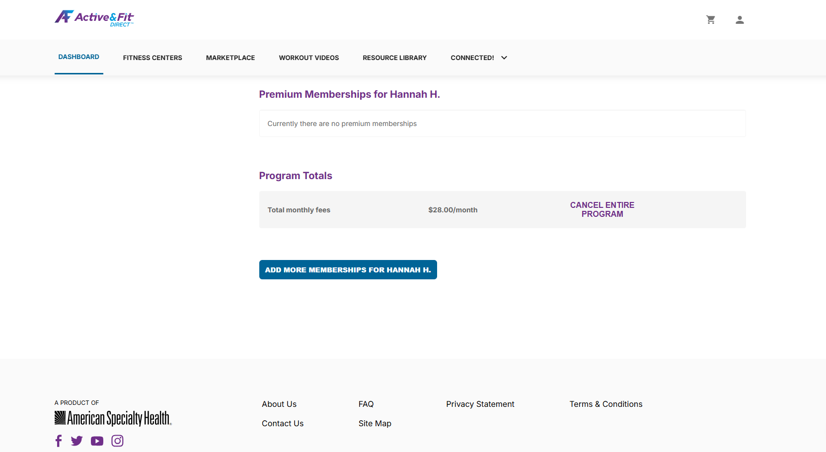 Screenshot how to cancel Active and Fit Direct membership in account via cancel program link