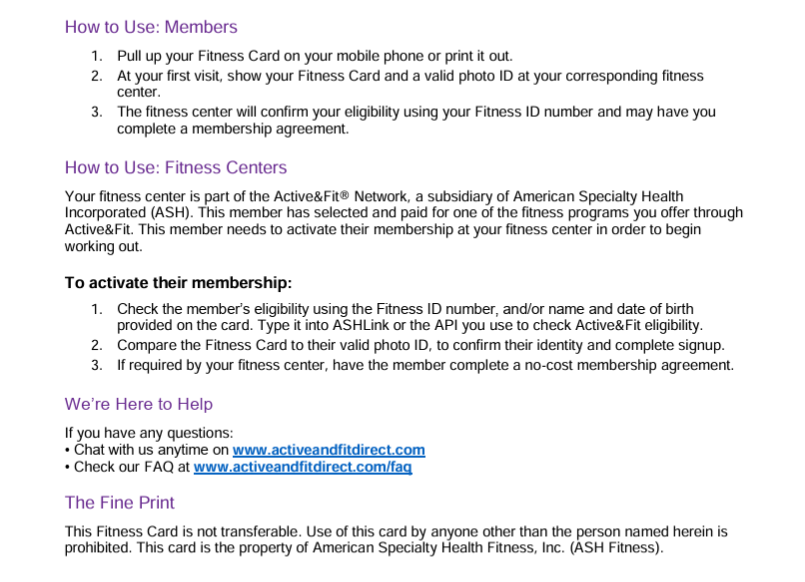 Active and Fit Direct membership card example