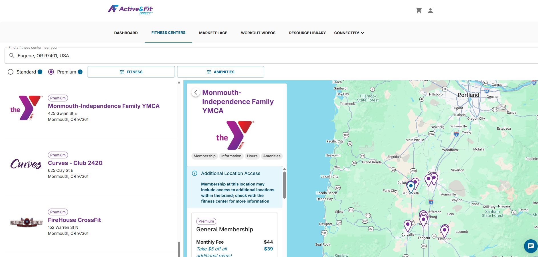 Screenshot showing Additional Location access information for an Oregon YMCA on Active and Fit Direct fitness center map