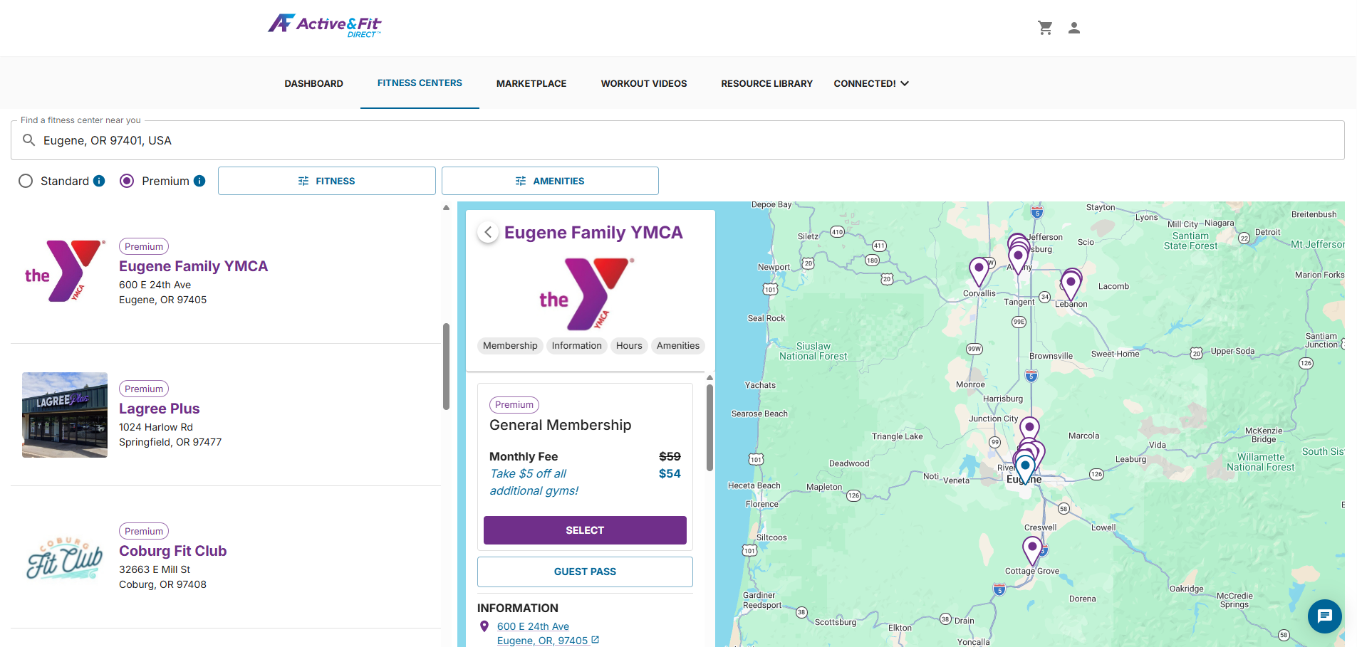 Screenshot showing membership details for an Oregon YMCA on Active and Fit Direct fitness center map