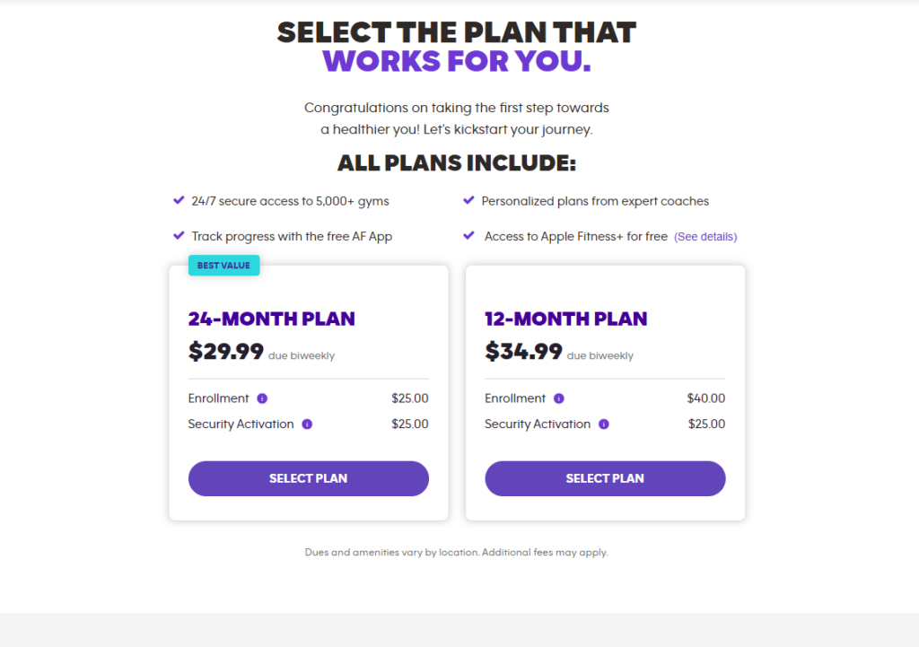 Anytime Fitness 12 and 24-month plan rates for comparison against Active and Fit direct monthly cost. 