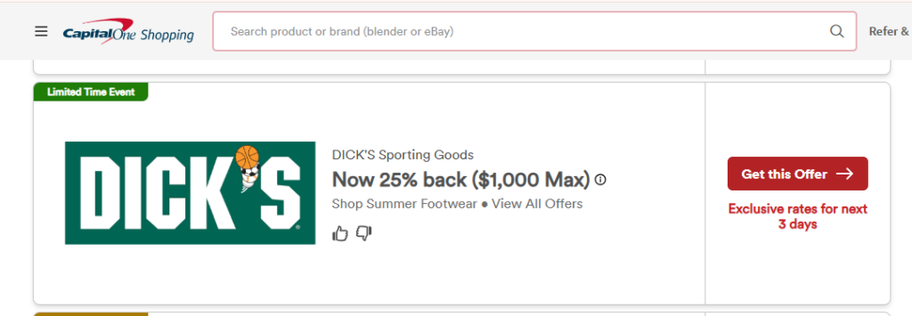 Screenshot of Capital One Shopping portal with Dick's rewards offer for Hoka shoes cashback