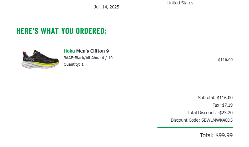 Screenshot of receipt for Hoka Clifton 9 shoes on sale from Sports Basement for $100