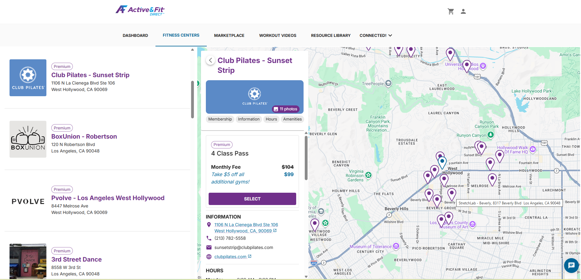 Screenshot showing Club Pilates 4 Class Pass Discount through Active and Fit Direct Premium Gym Network
