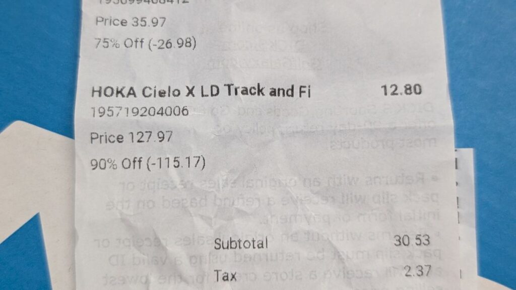 Receipt showing Hoka shoes on sale Cielo X track spikes for $12