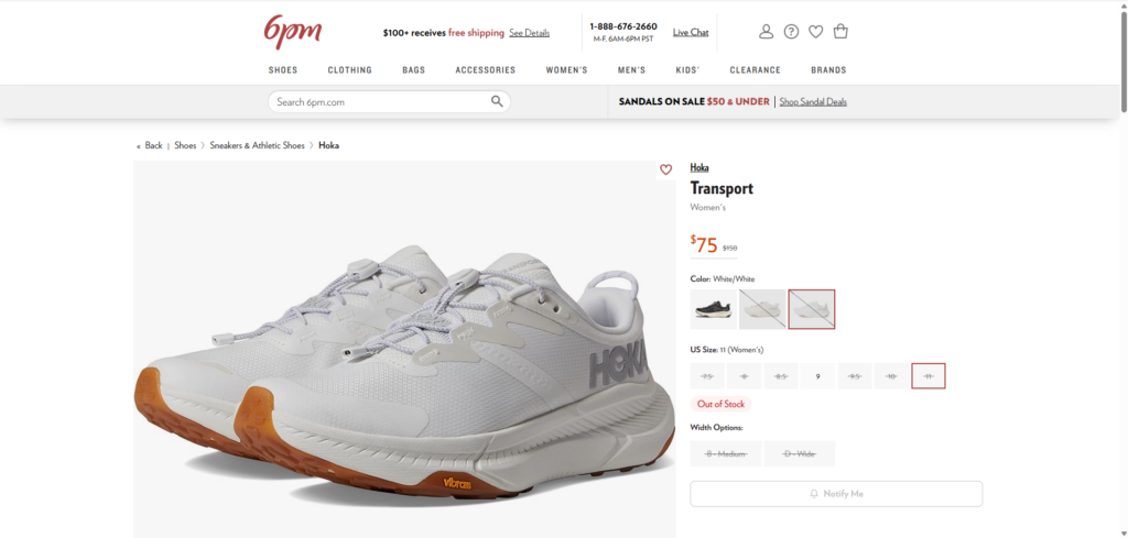 Screenshot showing white Transport Hoka shoes on sale for $75 from 6pm retailer