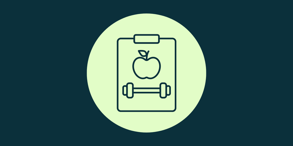 Icon showing apple, dumbbell, and clipboard to represent healthy Lifestyle Program Reviews category