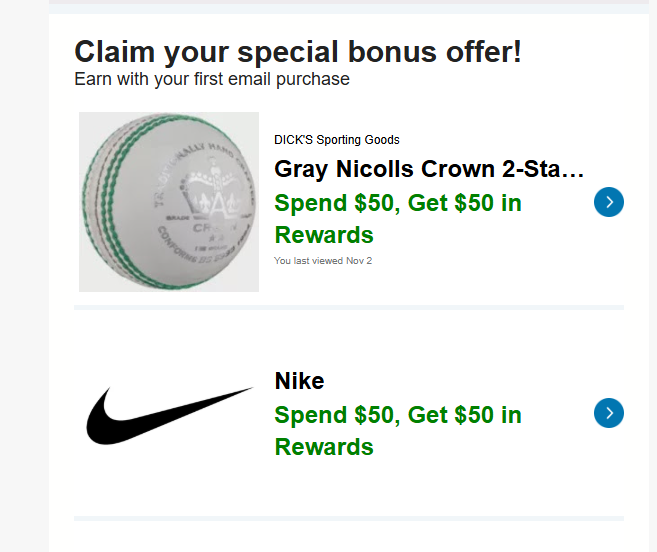 Screenshot showing Capital One Shopping rewards off for Dick's sporting goods and Nike