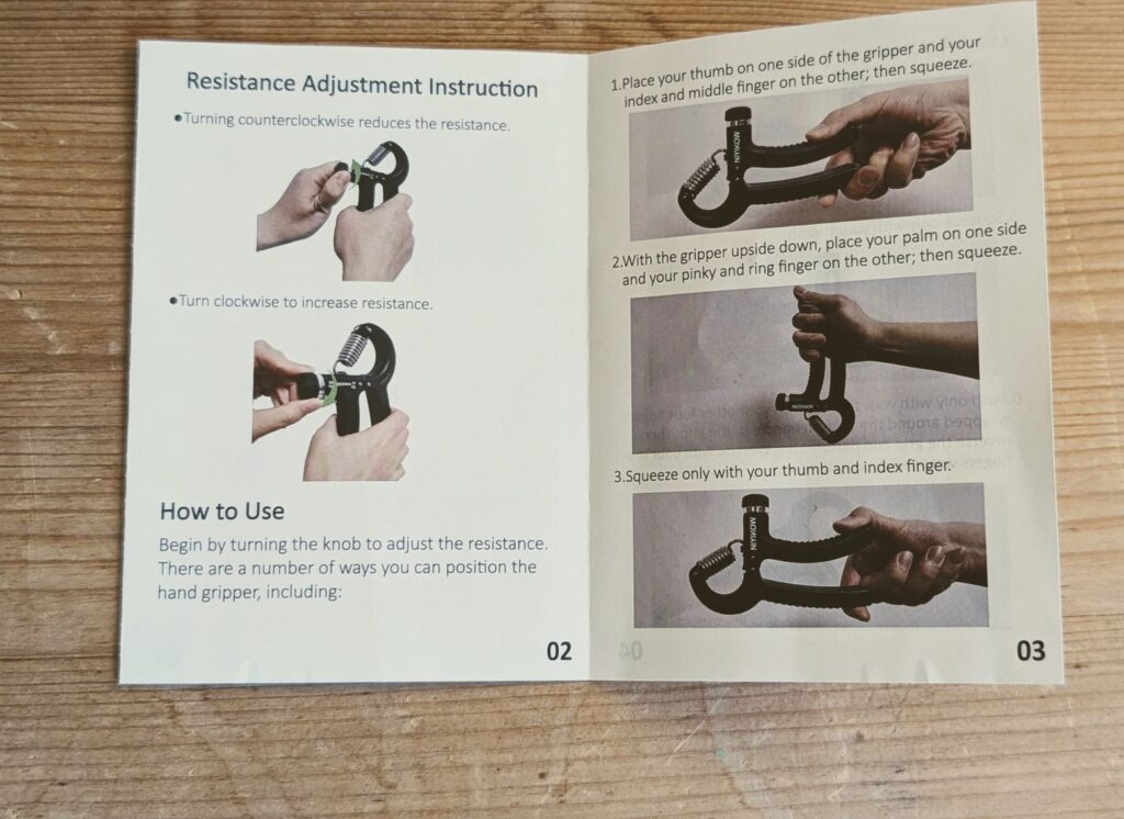 Instruction booklet with grip strengthening exercises for cricket batting and bowling