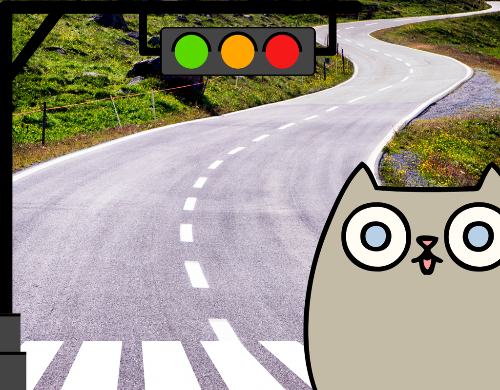 Cat cartoon staring at traffic light to show running safety tip of learning the intersections.