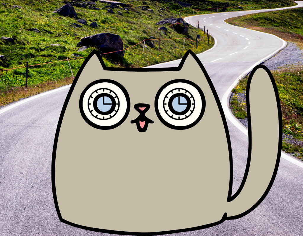 Cat in road cartoon with clocks for eyes to show road running safety tip of paying attention to the traffic flow.