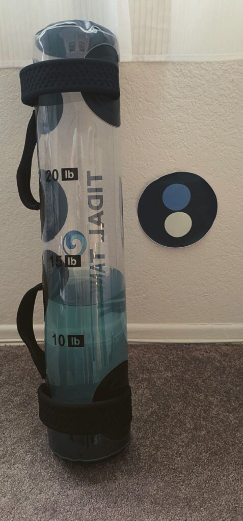 Tidal Tank waterbag filled to 12 pounds and leaned against a wall