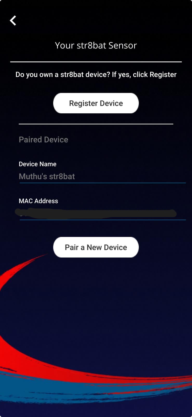 Screenshot of str8bat cricket bat sensor registration screen