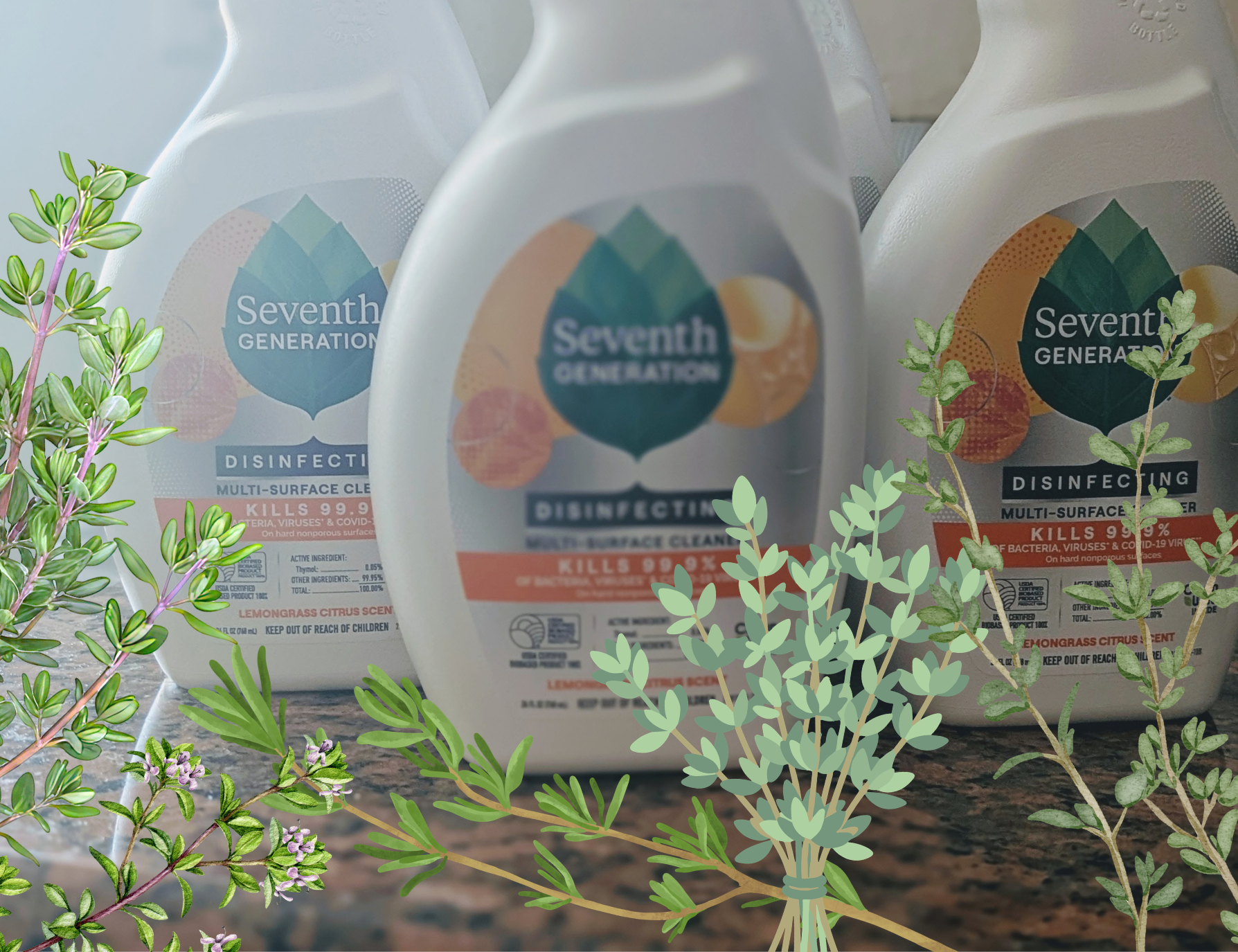 Thyme around plant-based disinfectant spray bottles on a kitchen counter