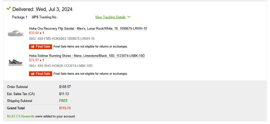 Screenshot showing $30 Hoka Ora Recovery Flip Flops purchase