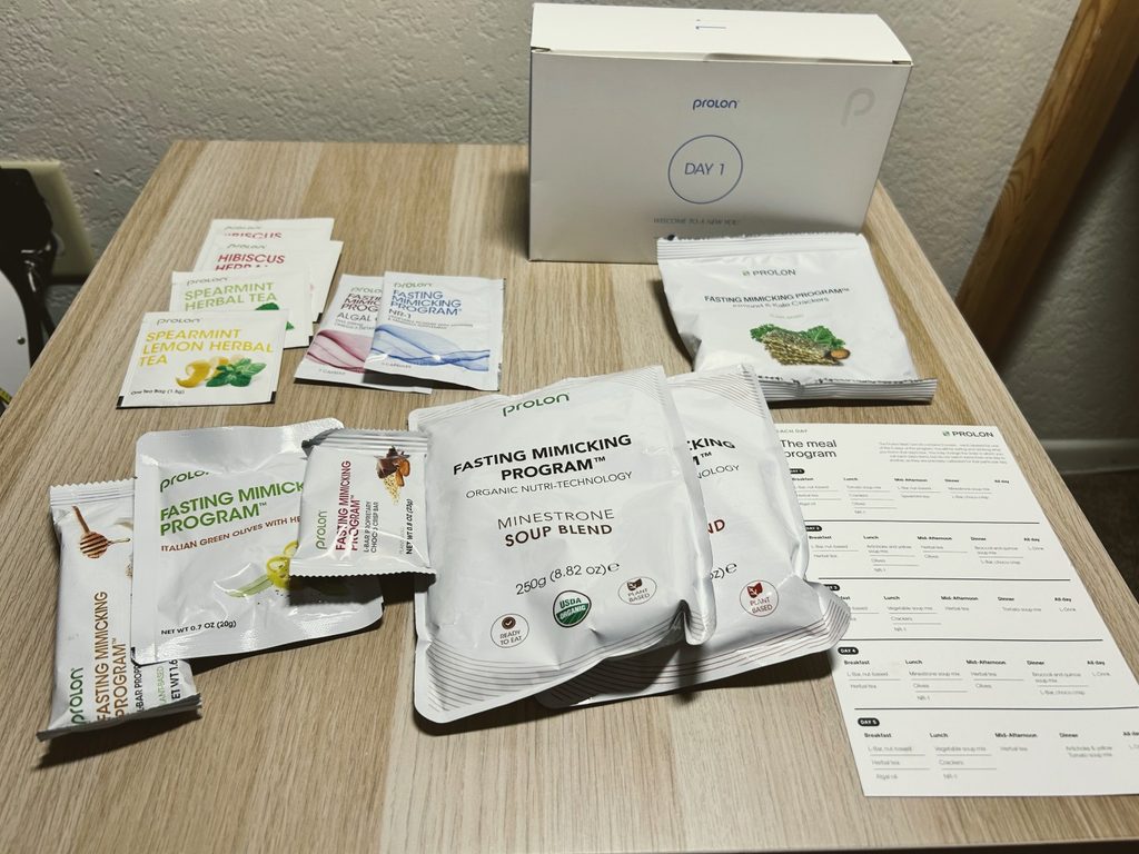 Prolon FMD kit Day 1 menu items on table